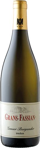 Frontansicht der Flasche von Grans Fassian Grauer Burgunder Weißwein